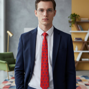 Elegant Red Tie with Embroidered-Effect Blue Stars