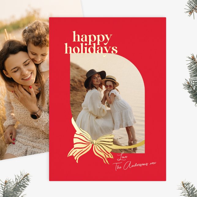 Elegant Red Tied With Gold Bow Photo Foil Holiday Card (Creator Uploaded)