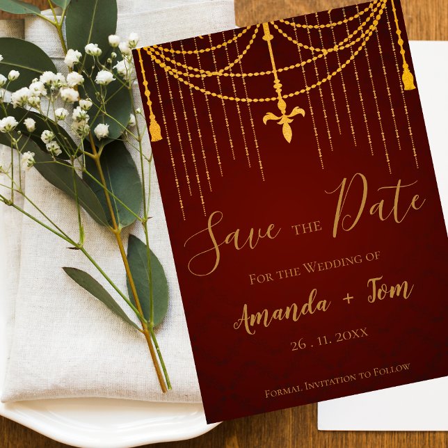 Elegant Red Traditional Gold Twirls Luxury Wedding Save The Date (Elegant Red Traditional Gold Twirls Luxury Wedding Save The Date)