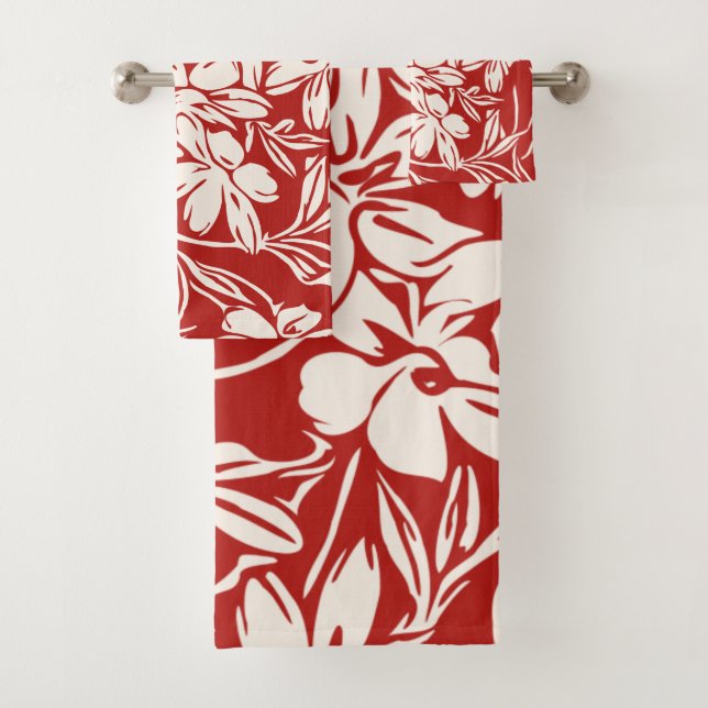 Elegant Red Tropical Floral Vibrant Island Pattern Bath Towel Set (Insitu)