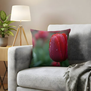Elegant Red Tulip with Dew Drops Cushion