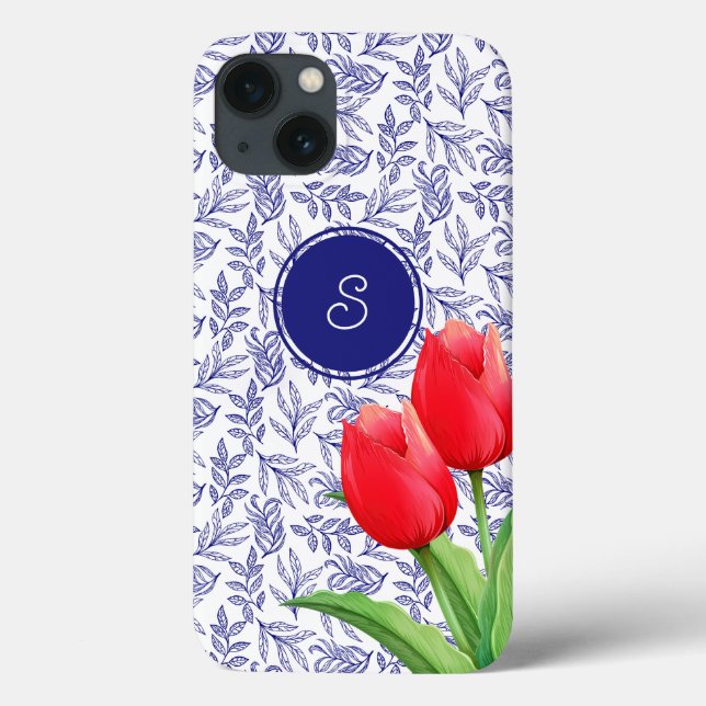 Elegant Red Tulips Spring Floral Blue Monogram Case-Mate iPhone Case (Back)