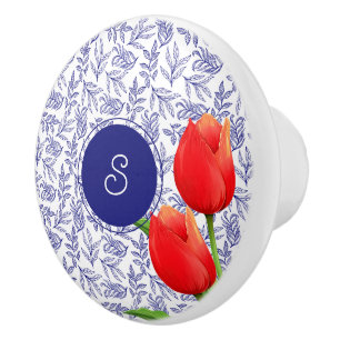 Elegant Red Tulips Spring Floral Blue Monogram Ceramic Knob