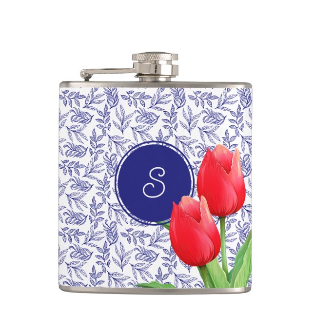 Elegant Red Tulips Spring Floral Blue Monogram Hip Flask (Front)