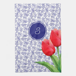 Elegant Red Tulips Spring Floral Blue Monogram Not Tea Towel