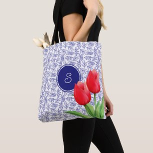 Elegant Red Tulips Spring Floral Blue Monogram Tote Bag