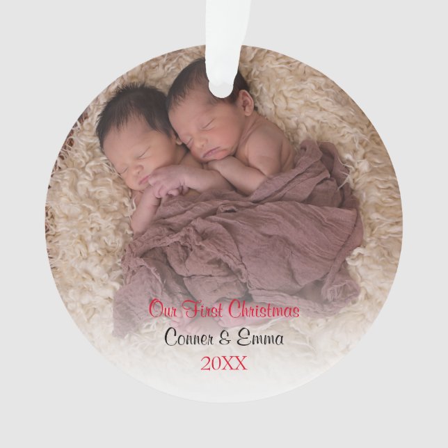 Elegant Red Twin Photo Baby First Christmas Ornament (Front)