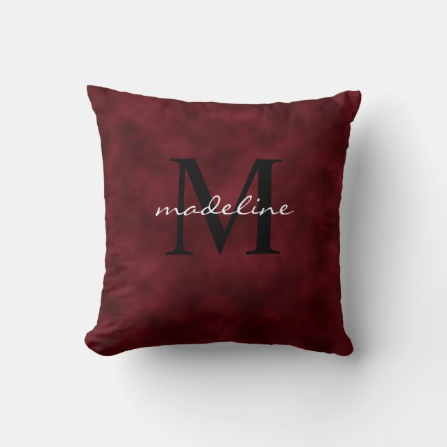 Elegant Red Velvet Black Monogram Throw Pillow (Front)