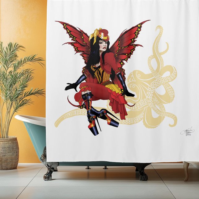 Elegant Red Victorian Steampunk Fairy Octopus Shower Curtain (Creator Uploaded)
