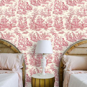Elegant Red Vintage Toile Botanical Pattern Wallpaper