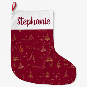 Elegant Red W/ Gold Christmas Tree Doodles Large Christmas Stocking