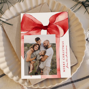 Elegant Red Watercolor Bow 3 Photo Holiday Card