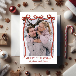 Elegant Red Watercolor Bow Merry Christmas Photo Holiday Card