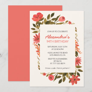 Elegant Red Watercolor Floral 94th birthday Invitation