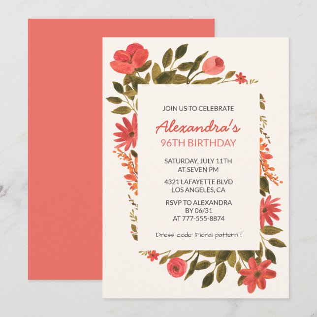 Elegant Red Watercolor Floral 96th birthday Invitation (Front/Back)