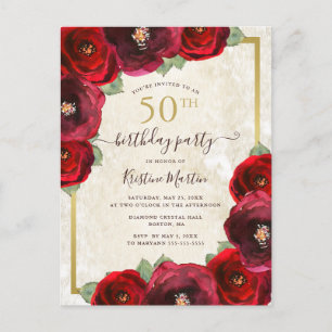 Elegant Red Watercolor Floral Gold 50th Birthday Invitation Postcard