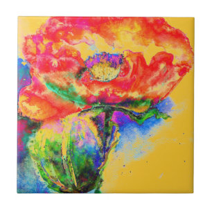 Elegant red watercolor floral Red Poppy  Tile