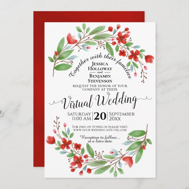 Elegant Red Watercolor Floral Virtual Wedding Invitation (Front/Back)