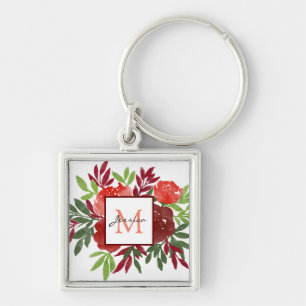 Elegant Red Watercolor Flowers Pretty Monogram Key Ring