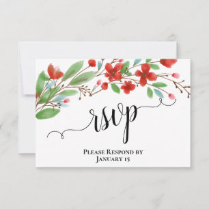 Elegant Red Watercolor Flowers Wedding RSVP Card
