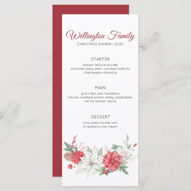 Elegant Red Watercolor Poinsettia Christmas Dinner Menu (Front/Back)