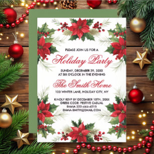 Elegant red watercolor Poinsettia holiday Party  Invitation