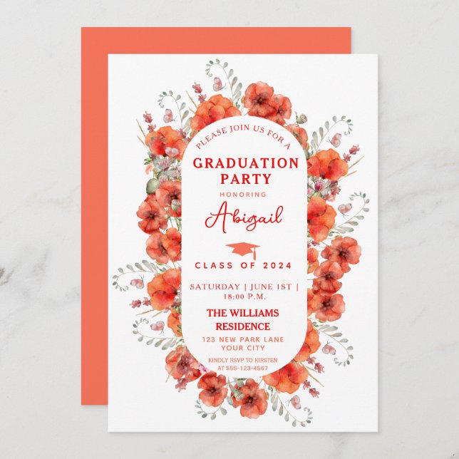 Elegant Red Watercolor Poppies Graduation Invitation (Front/Back)
