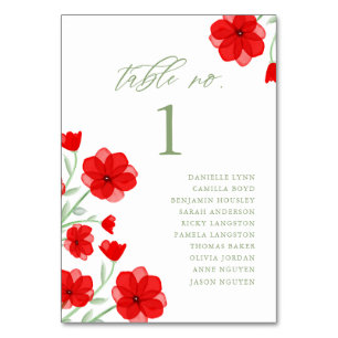 Elegant Red Watercolor Poppy Floral Table Number