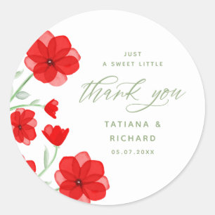 Elegant Red Watercolor Poppy Floral Thank You  Classic Round Sticker