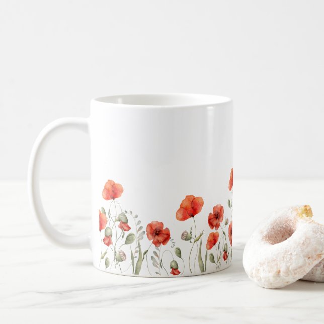 Elegant Red Watercolor Poppy Flowers  Coffee Mug (With Donut)