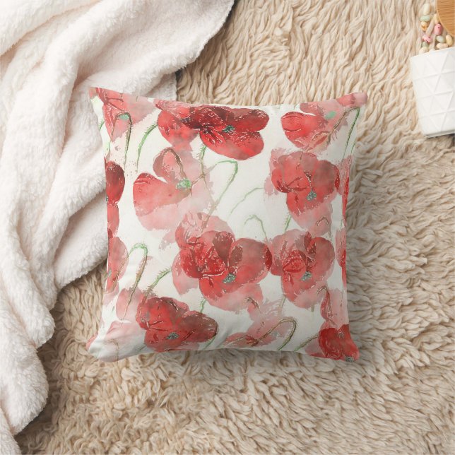 Elegant Red Watercolour Poppies Illustration Cushion (Blanket)
