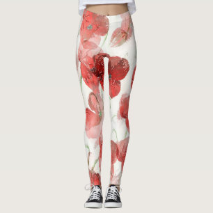 Elegant Red Watercolour Poppies Illustration Leggings