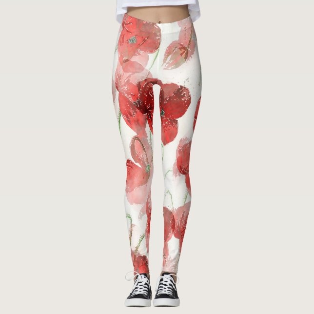 Elegant Red Watercolour Poppies Illustration Leggings (Front)