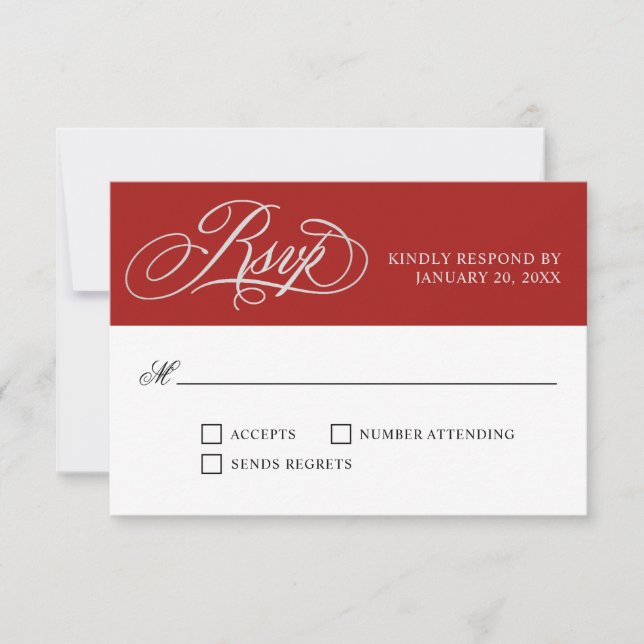 Elegant Red Wedding RSVP with Script Flourishes Card (Front)
