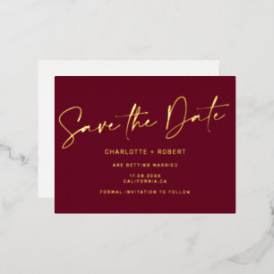 Elegant red wedding save the date script gold foil invitation postcard