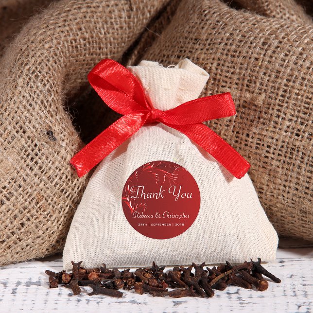 Elegant Red Wedding Thank You Classic Round Sticker (Creator Uploaded)
