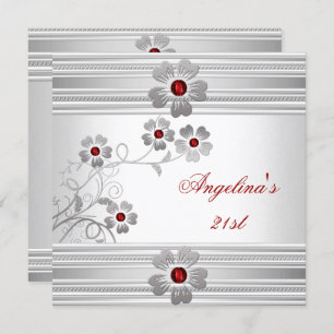 Elegant Red White 21st Birthday Party Flowers Invitation