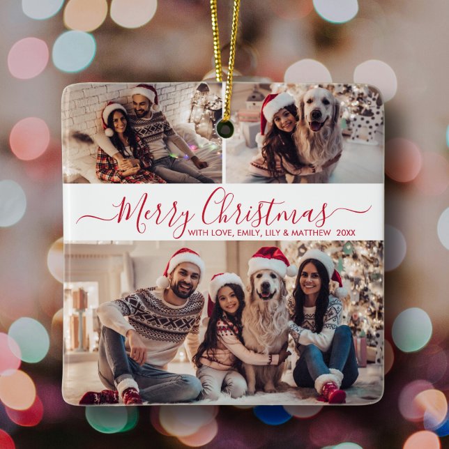 Elegant Red White 3 Photo Collage Christmas  Ceramic Ornament (Creator Uploaded)