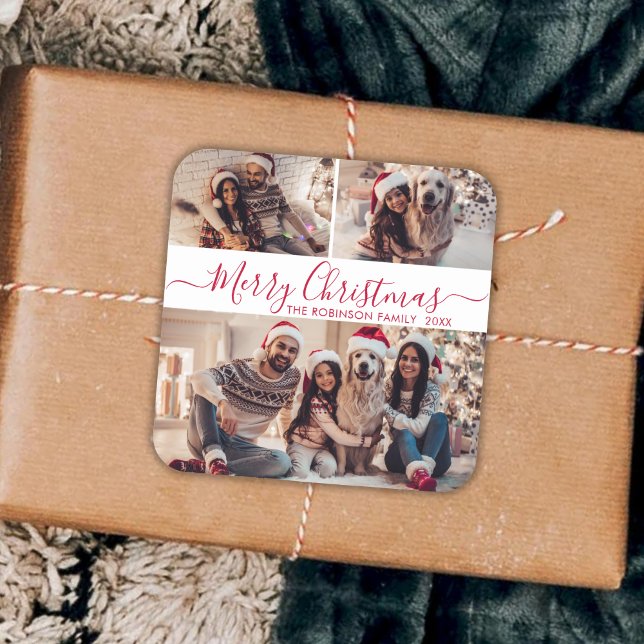 Elegant Red White 3 Photo Collage Christmas  Square Sticker (Creator Uploaded)