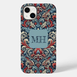 Elegant red, white and blue damask with monogram Case-Mate iPhone 14 plus case