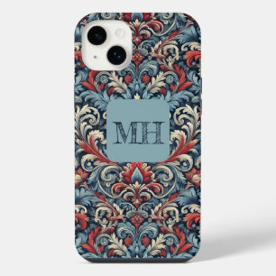 Elegant red, white and blue damask with monogram iPhone 14 plus case