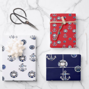 Elegant Red White and Blue Nautical Themed  Wrapping Paper Sheet