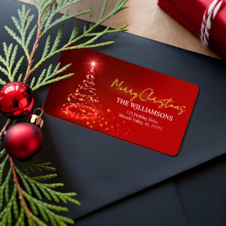 Elegant Red White and Gold Christmas Holiday Name Label