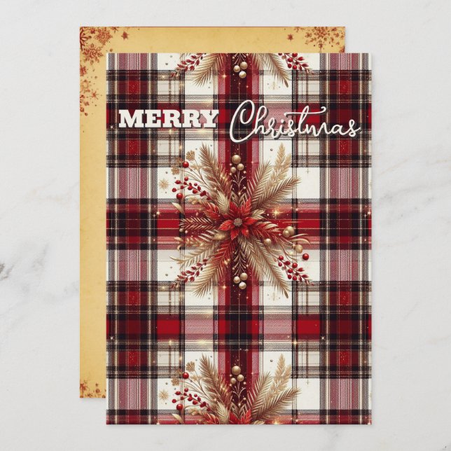 Elegant Red, white and Gold Festive Plaid  Holiday Card (Front/Back)