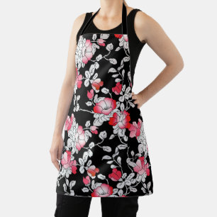 Elegant Red White Black Floral Pattern Apron