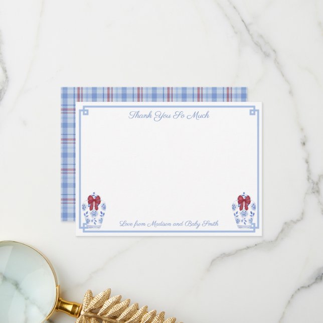Elegant Red White Blue Christmas Bridal Shower Thank You Card (Front/Back In Situ)