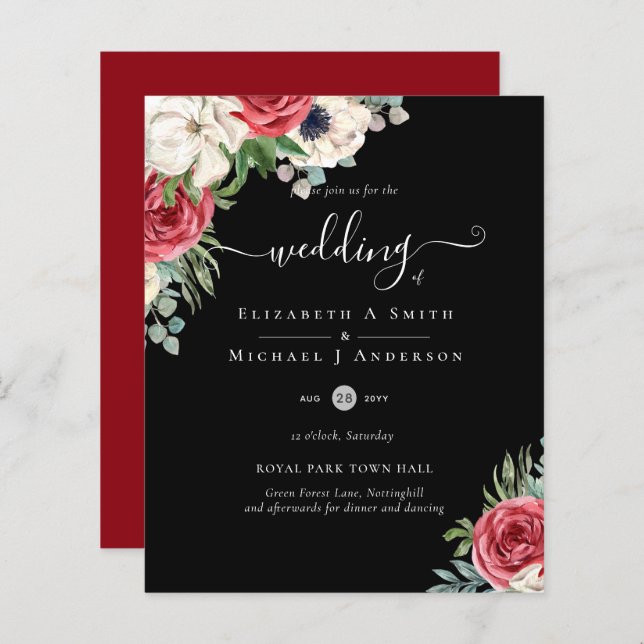 Elegant Red White Blue Floral Wedding Budget (Front/Back)