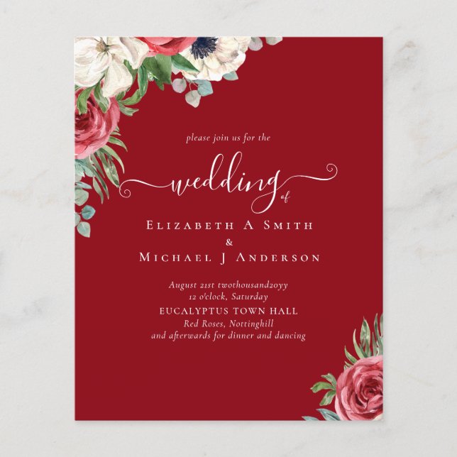 Elegant Red White Blue Floral Wedding Budget Flyer (Front)