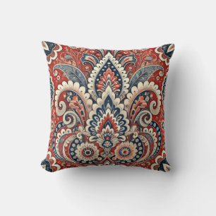 Elegant Red, White & Blue Paisley Floral Pattern Cushion