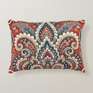 Elegant Red, White & Blue Paisley Floral Pattern Decorative Cushion